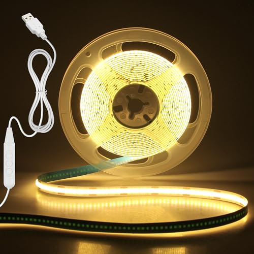Aclorol USB COB LED Streifen 5V Warmweiß 3000K 4M 320 LEDs/M Dimmbar TV Hintergrundbeleuchtung Flexible LED Band mit Selbstklebend für Drinnen Treppen Küche Schlafzimmer Zuhause DIY CRI85+