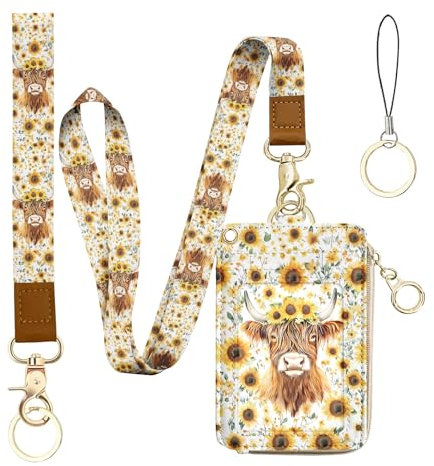 Bolimoss Schlüsselband mit Highland-Kuh-Aufdruck, niedliche Sonnenblumen-Ausweishalter, mit Hals und Handgelenk, PU-Leder-Reißverschluss-Etui mit Abreiß-Schlüsselanhänger
