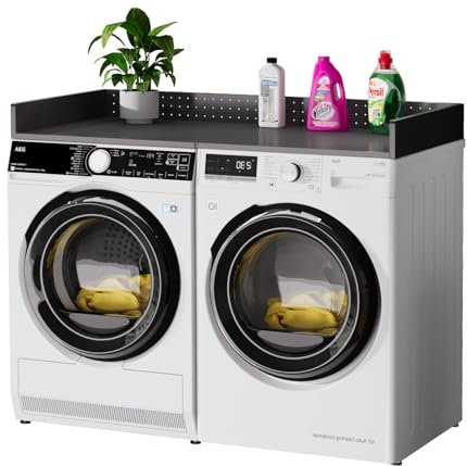 CRPDY Washer Dryer Countertop, Heavy Duty Metal Laundry Countertop with Edge Rails, 57.1 W x 27.6 D Washer Dryer Topper with Hooks for Laundry Room Organization (Black)