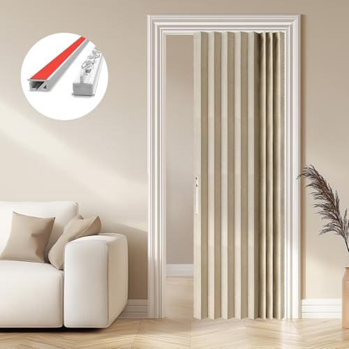 AJAZZ 100% Verdunkelung, Akkordeon-Tür, unsichtbarer Glasschiebetürvorhang für Schlafzimmer, Wohnzimmer, Türvorhang, 43 B x 79 L, beige Vorhänge, Sets enthalten Schienen (1 Panel)