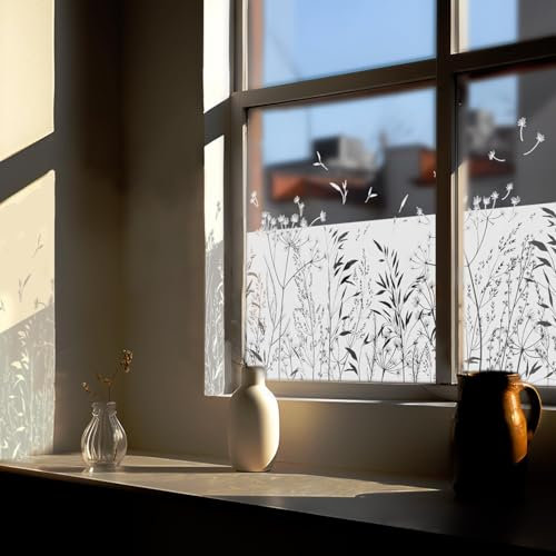 ChicSkin Fensterfolie reines weißes Gras, Pusteblume sichtschutzfolie Fenster, Wiederverwendbar fensterfolie Blickdicht, Geeignet für Wohnzimmer, Schlafzimmer und Badezimmer statische fensterfolie