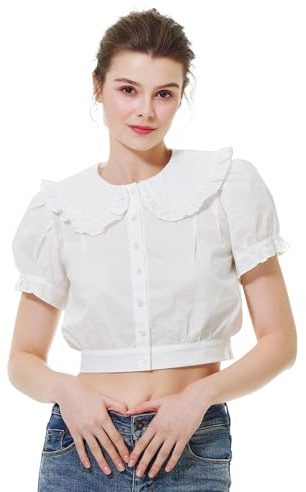 BEAUTELICATE Camicetta da donna in cotone con colletto Peter Pan Vintage a maniche corte bardot camicetta bottoni, camicetta interna top per edoardiano rinascimentale bianco