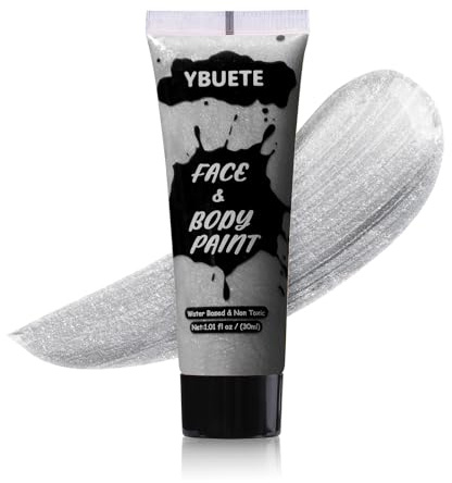 YBUETE Silver Face Body Paint, Professional Paint for Halloween Cosplay Costume Party, Full-coverage Multi-Color Cream Makeup Blendable Body Painting for Adults Halloween Cosplay SFX Makeup Paint