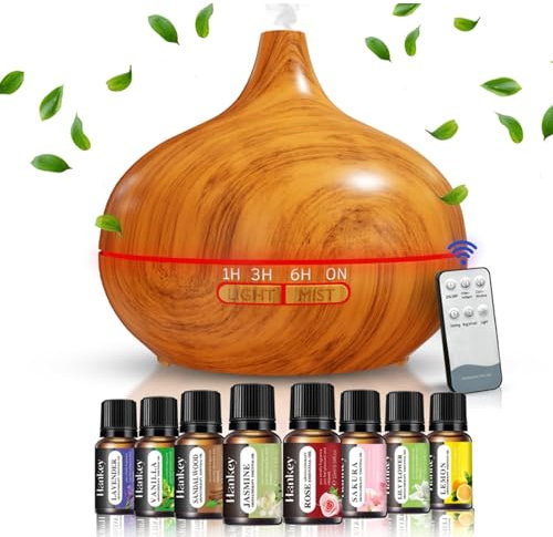 Diffusers 500ML with 8 Essential Oils Set - Essential Oil Diffuser with Remote Control - Aromatherapy Oil Diffusers With 7 LED Lights - Ultrasonic Cool Mist - For Home Bedroom Office - Wood Grain