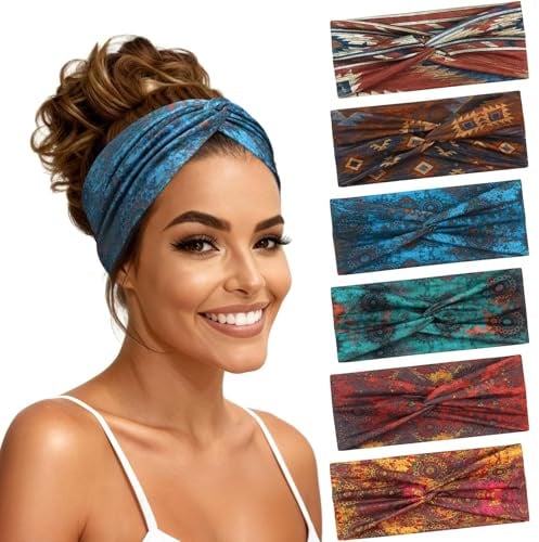 Loiluliy Fascia Capelli Donna 6 Pcs, Fasce per Capelli Yoga Large Elastica e Morbida, Cerchietto Boho Accessori per Sport, Palestra, Corsa