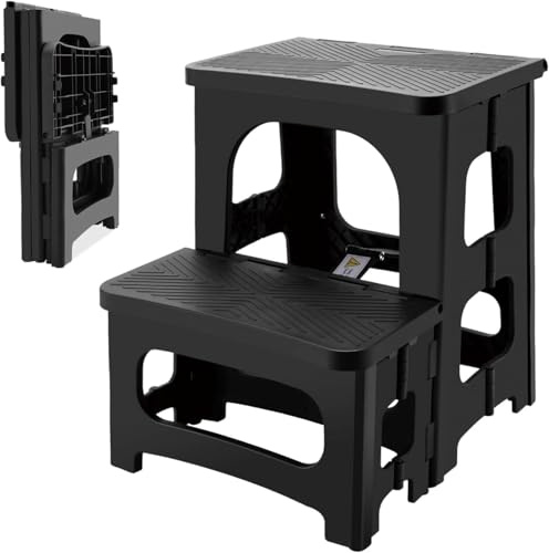 8x17inch Collapsible 2-Step Stool, Non-Slip Hot Tub Steps Outdoor, Foldable Step Stool, Hold up to 300 lbs, Plastic 2 Step Pool Stool for Kitchen Office Home RV, Black (Black)