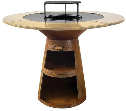 PURLINE | Barbecue rond avec plaque de cuisson en acier pour jardin, terrasse ou patio extérieur - Gril circulaire avec panneau périphérique en bois naturel et grande surface de cuisson (EFP59CO WOOD)
