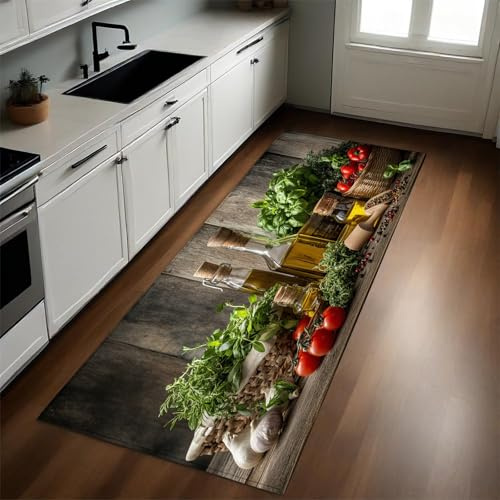 Küchenthema Küche Bodenmatte Gemüse und Gewürze rutschfest Waschbar Fußmatte Läufer Flurteppich Teppich Küchenläufer Küchenteppich 60x120 cm