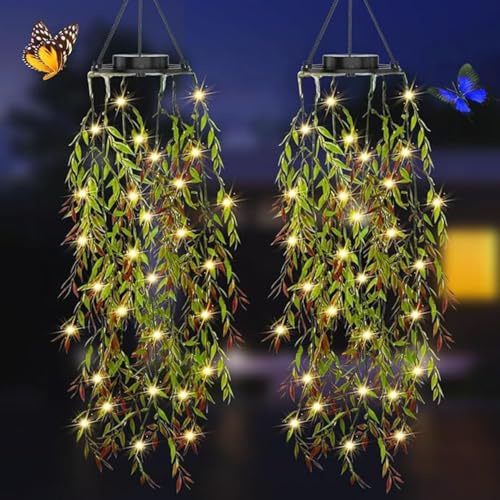 Gresonic 2Stück Solarlampen für Außen, Künstliche Weidenpflanze mit LED-Lichterkette, IP65 Wasserdicht, Automatische Dämmerung, Solarleuchten für Sommergarten, Terrasse (2 Stück Solarlampen)