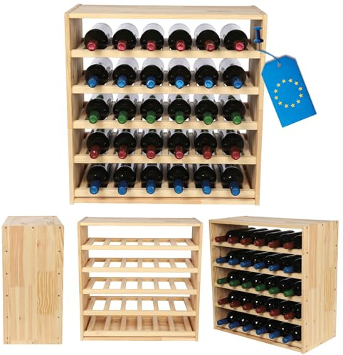 MODO24 Weinregal Massivholz für 30 Flaschen Stapelbar 60x60x30 cm Natur | Modulares Flaschenregal & Weinständer aus Holz, Dekorativer Getränkehalter & Kellerregal für die Küche, Wohnzimmer & Keller