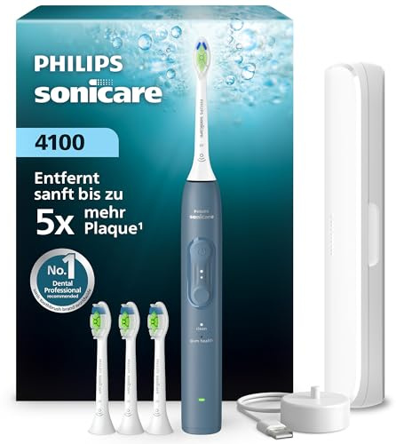 Philips Sonicare Series 4100 Elektrische Zahnbürste – Schallzahnbürste mit Drucksensor, 4 Putzeinstellungen, EasyStart, SmarTimer, 21 Tg. Laufzeit, Reiseetui, Dunkelblau, HX4046/48, [Neu]