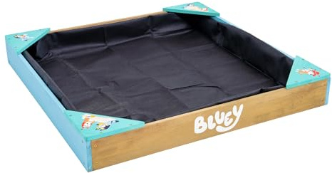 Bluey Sabbiera in legno con copertura, certificata FSC, per bambini, con sedili angolari, rivestimento poroso per acqua, copertura protettiva per giochi all'aperto, età 2+