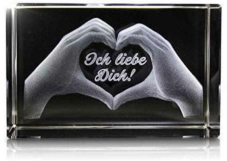 VIP-LASER 3D Glas Kristall mit Gravur: Herz aus zwei Händen mit Text: Ich liebe Dich!