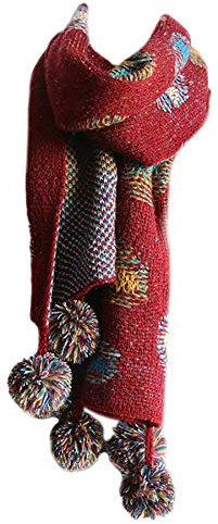 Demarkt Damen Schal Warm Winterschal Strickschal bunter Grobstrick Schlauchschal mit abnehmbaren Bommeln Weinrot