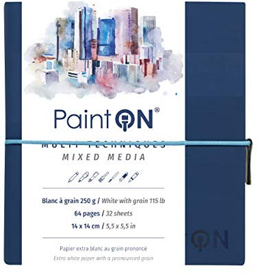 Clairefontaine 975431C - Skizzenbuch mit Fadenbindung, 64 Blatt Zeichenpapier PaintOn gekörnt 14x14 cm 250g, Gummizugverschluss, Softcover Blau