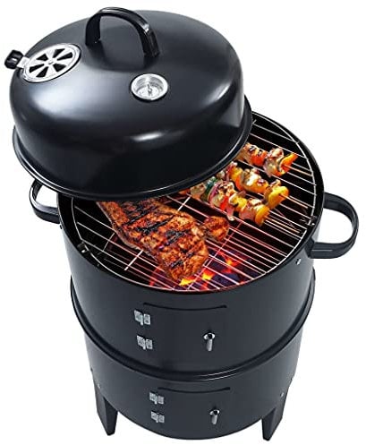 vidaXL Holzkohlegrill 3-in-1 mit Thermometer Räuchergrill Barbecue Räuchertonne Räucherofen Grilltonne Grill Smoker BBQ Camping Party 40x80cm