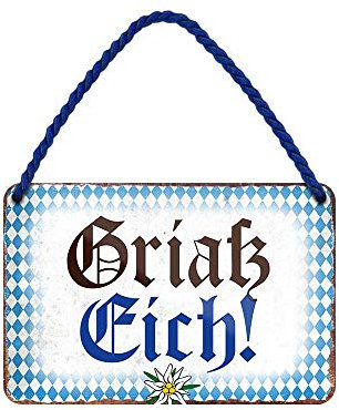 Griaß Eich Hängeschild - lustiges Retro Deko Metallschild mit Kordel und Saugnapf - witzige Dekoration Haustür Hauseingang Flur Biergarten Wirtschaft - bayrischer Gruß mit Bayern Raute - 18x12cm