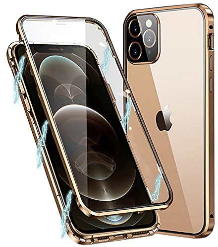 MIMGOAL Hülle für iPhone 11 Pro, Magnetische Metallrahmen Handyhülle 360 Grad Full Body Vorne hinten Gehärtetes Glas Schutzhülle Einteiliges Ultra Dünn Flip Transparente Cover,Gold