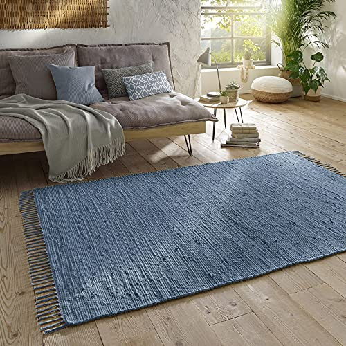 Taracarpet Handwebteppich Läufer Fleckerl Teppich Uni waschbar aus Baumwolle für Wohnzimmer und Küchenteppich 140x200 cm blau