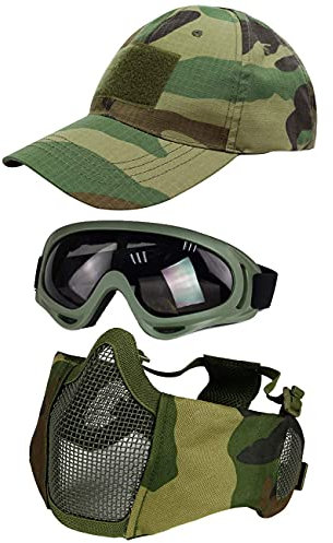 Hodeacc Taktische Maske, Baseballkappen-Set, Verstellbare Halbgesichtsmaske Mit Ohrenschutz, Anti-UV-Brille, Augenschutz, Outdoor-Hut für Airsoft/BB/CS-Spiele, 3-Teilig