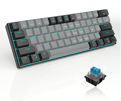 MageGee 60% Mechanical Gaming Keyboard, STAR 61 Compact Blue LED Backlit Wired Keyboards with Detachable USB Type-C Cable, Portable Full Keys Anti-ghosting Gaming Keyboard - Black & Grey/Blue Switch