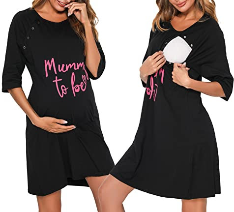 Vlazom Women 3 in 1 Cotton Nursing/Delivery/Labor/Maternity Nightgown Half Sleeve Breastfeeding Sleep Dress Hospital Gown Sleepwear, Black, L