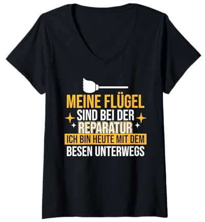 Damen Engel Flügel Hexen Besen | Lustiger Spruch T-Shirt mit V-Ausschnitt