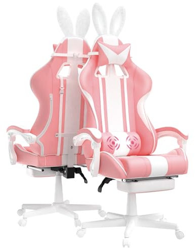 Ferghana Kawaii Pink Gaming Chair with Bunny Ears, Ergonomic Cute Gamer Chair with Footrest and Massage, Racing Reclining Leather Office Computer Game Chair 250lbs for Girls Adults Teens Kids