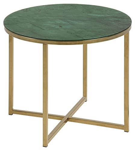 AC Design Furniture Antje runder Beistelltisch, Glasplatte mit grüner Marmoroptik und goldenem Metallfuß, eleganter Beistelltisch Wohnzimmer, Akzenttisch, 1 Stück, H: 42 x B: 50 x T: 50 cm
