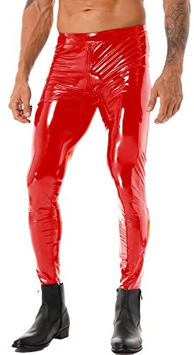 iEFiEL Herren Strumpfhosen Wetlook Glanz schwarz Leggings Lack-Optik Enge Hosen Unterwäsche Pants S-4XL Stil C Rot L
