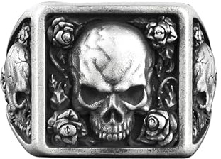 Bysilverstone - Bague En Argent Pour Hommes - Bague Unique En Son Genre Avec Tête De Mort Et Rose, Chevalière Florale Pour Hommes En Argent Sterling, Bague À Fleurs De Style Gothique, Bague Punk