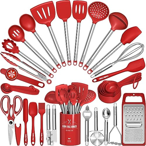 Umite Chef Kitchen Utensils Set- 34 PCs Cooking Utensils with Grater, Spoon Spatula, Heat Resistant Food Grade Silicone, Stainless Steel Handles Kitchen Gadgets Tools Set for Nonstick Cookware(Red)