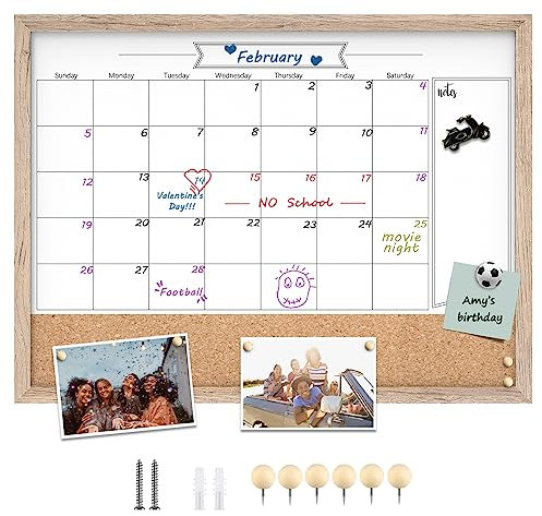 TORASO ZHYL-RB-4560 Whiteboard-Kalender und Korktafel, 45,7 x 61 cm, trocken abwischbar, rustikaler brauner Rahmen, Kalender/Kork-Kombi-Tafel