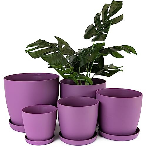 Home Garden Ornaments Purple Plant Pots Indoor Set of 5 Sizes 9.5/12/14/16/18cm – Plant Pot with Mat Sufrace - Plastic Flower Pots Outside - Plastic Plant Pot Saucers (Purple)