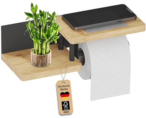 welldoo® Porte-papier toilette double étagère en bambou certifié FSC | Porte-rouleau de papier toilette en bois | Noir à coller ou à percer