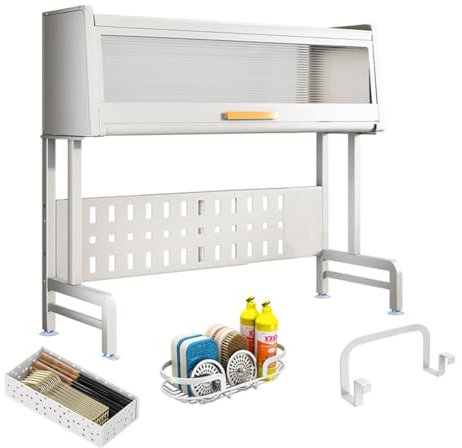 Mgchowue Spültisch Trockengestell, Kohlenstoffstahl Abtropfgestell Über der Spüle Verstellbar (59 Bis 84 cm), Geschirrabtropfer Organisations Regal mit Utensilienhalter