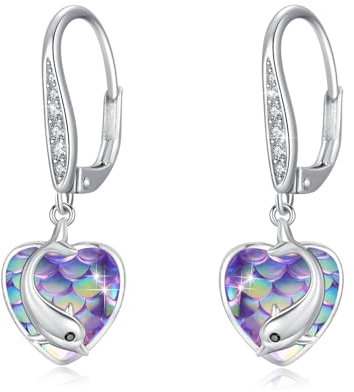 Delfin Ohrringe 925 Sterling Silber Ohrringe Herz Hängend Mädchen Meerjungfrau Fischschuppen Delfin Ohrhänger Schmuck für Mädchen Frauen Damen Tochter Geburtstag Geschenk Valentinstag