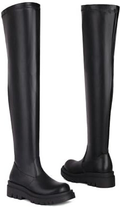 Stivale Tubo Lungo da Donna con Tacco A Blocco Stivali sopra Il Ginocchio in Pelle Stretch,Nero,42 EU