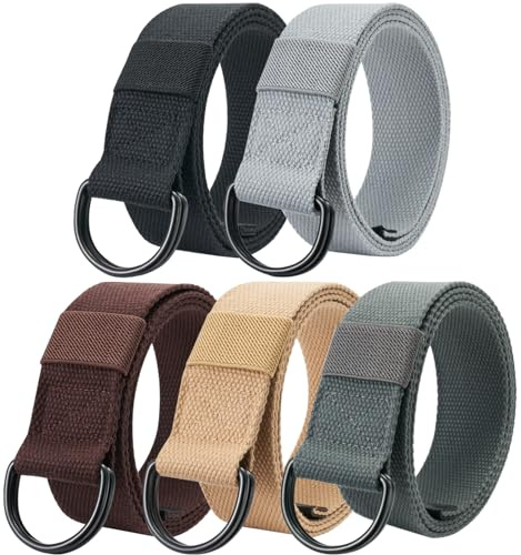 Ginwee 5-Packs Canvas Belt Web Fabric Casual Belt with Zinc Alloy Buckle Double D-ring for Men Women