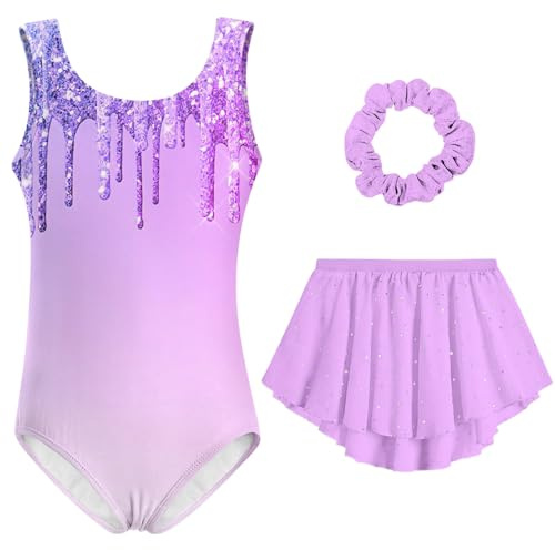 Idgreatim Girls Gymnastics Leotards Outfit Set Lavender Drip 6-7 Years
