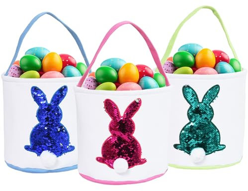 GugnRyAc 3 Pcs Easter Bunny Basket for Kids - Color Changing Reusable Easter Egg Baskets - Perfect for Girls & Boys Easter Egg Hunts (Pink, Blue, Green)