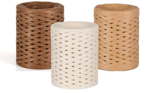 Naisfei 3 Rollos Cordel Cinta de Papel de Rafia,110 M Cuerda de Embalaje de Papel de Rafia Natural, Hilo de Rafia para Envoltura de Regalos, Artesanía, Decoración, Tejido, Floristería