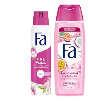 Fa Duschgel Passionsfrucht Feel Refreshed (250 ml) Duschpflege Duft von Passionsfrucht & Kokosnusswasser & Deospray Pink Passion (150 ml) süßer Duft der pinken Rose 48 h Deo-Schutz
