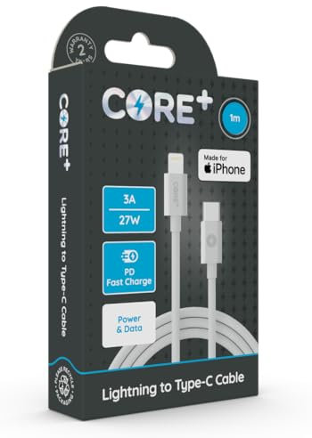 CORE + | MFI CERTIFIED 1M Length USB C to 8-Pin iPhone Charger Cable 2.4A 27W | Fast Charging | iPhone, iPad | iPhone 15, 14, 13, 12, 11, 10, SE | Includes Cable Tidy (MFI Certified 1M)