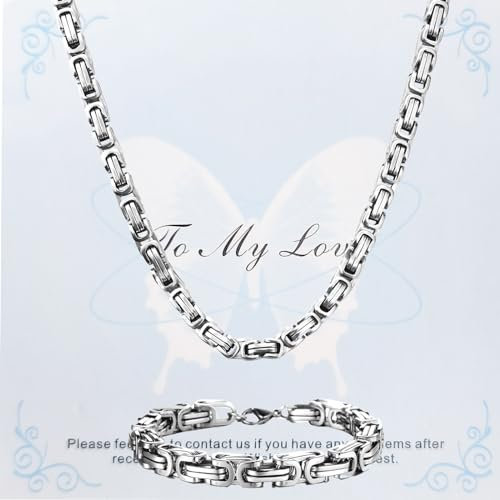 Hernin Königskette Silber Herren Edelstahl,Königskette Armband Einstellbare Ringe Set,Königskette Halskette aus Edelstahl Armband Set,Byzantinische Herren kette Aus Silber Armband Set (Silber-8MM, 51)