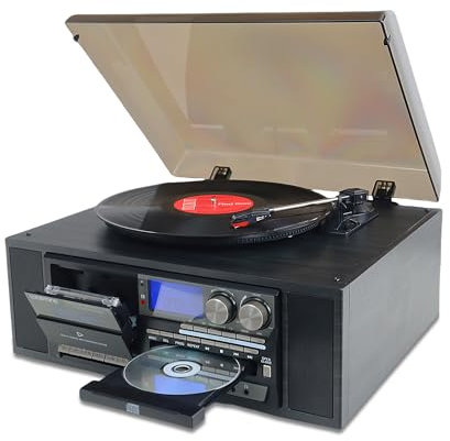 10 in 1 Vinyl Record Player 3 Speeds Bluetooth Vintage Automatic Record Player CD Cassette Player AM/FM Radio USB Recorder Aux-In RCA Line-Out (Black)