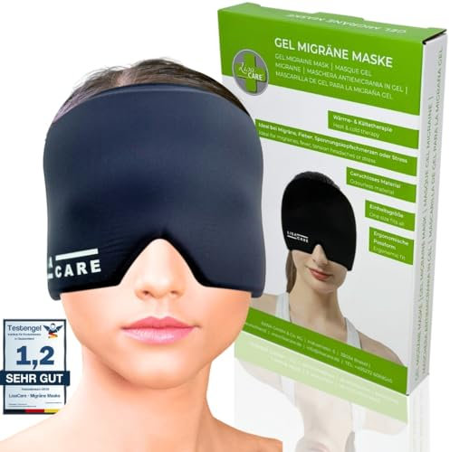 LisaCare Migräne Maske - Kühlmaske Migräne - Migraine relief cap - Kopfschmerz Maske - Migräne Kältetherapie Maske ergonomisch, sanft & geruchlos (Einheitsgröße)