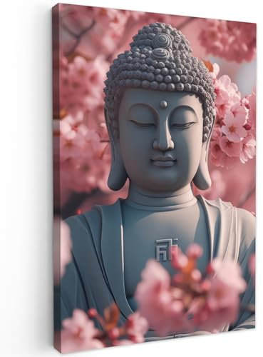 MuchoWow© Bilder 40x60 cm Wohnzimmer Deko Modern Wandbild Kunstdruck auf Leinwand Bild Schlafzimmer über Bett Room Decor Geschenke Buddha - Statue - Sakura - Kirschblüte