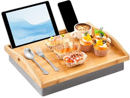 Pickmesh 1 Pcs Bamboo Lap Tray with Detachable Pillow Wood Bed Food Trays with Cushion 16.9 x 13 Inch for Adults Elderly Eating Food Breakfast Dinner in Recliner (Wood Color)