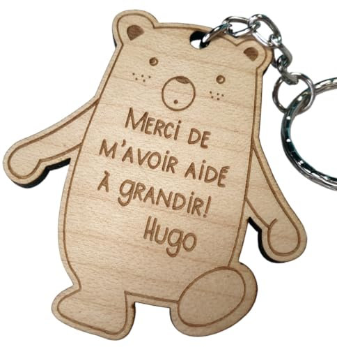 Porte clé personnalisé Ours en bois nounou/maitre/crèche/maitresse/atsem Merci pour cette année